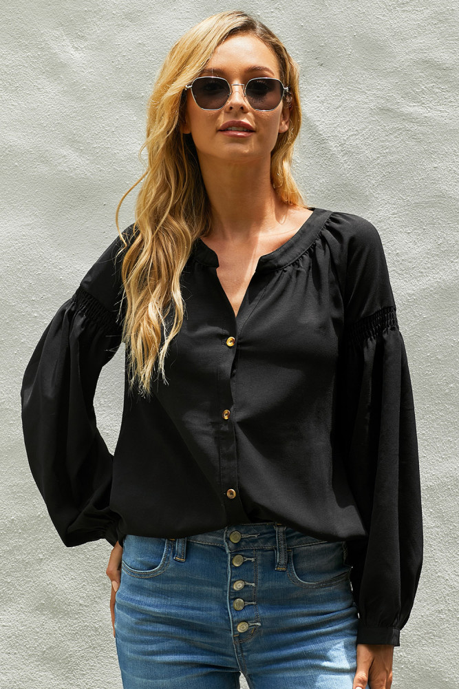 Black Inspired Button Down Peasant Top