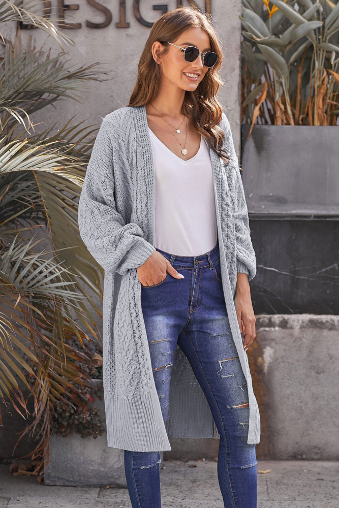 Gray Long Front Open Cardigan