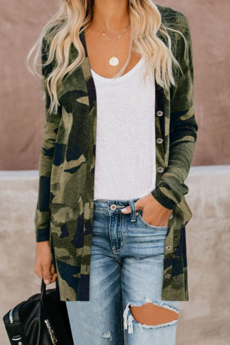 Green Camo Print Button Down Cardigan