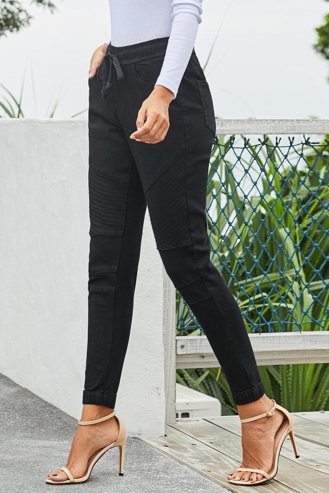 Black Elastic Waistband Drawstring Denim Pants