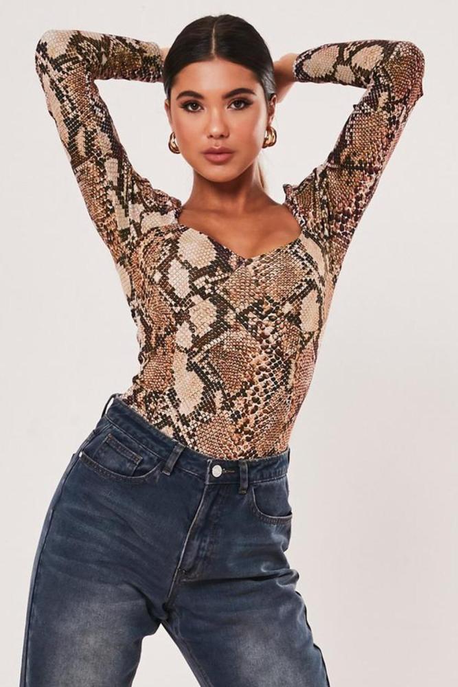 Brown Snake Print Puff Sleeve Bodysuit