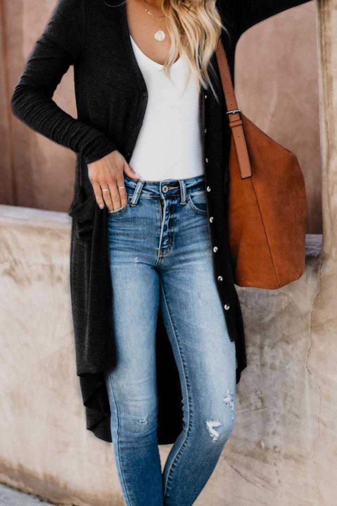 Black Selected Button Down Pocketed High Low Cardigan