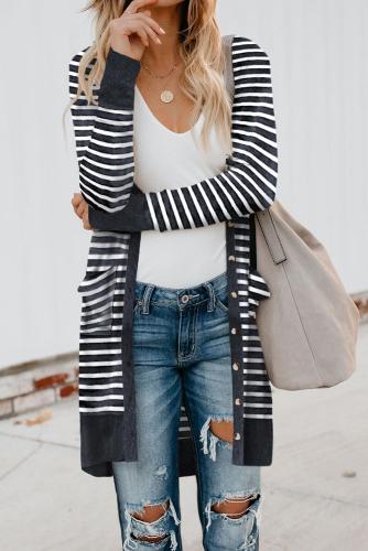 Black Striped Button Down Open Front Cardigan