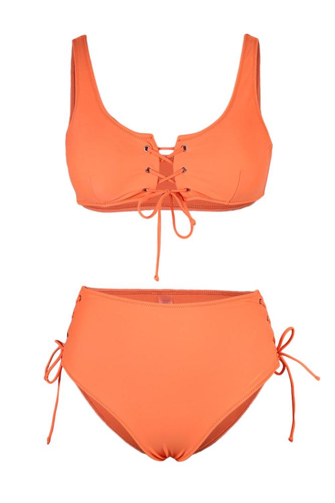 Orange Lace-up High Waist Bikini