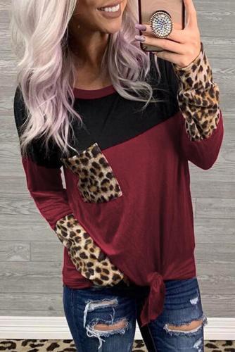 Red Color Block Splicing Leopard Printed Pocket Tie Blouse