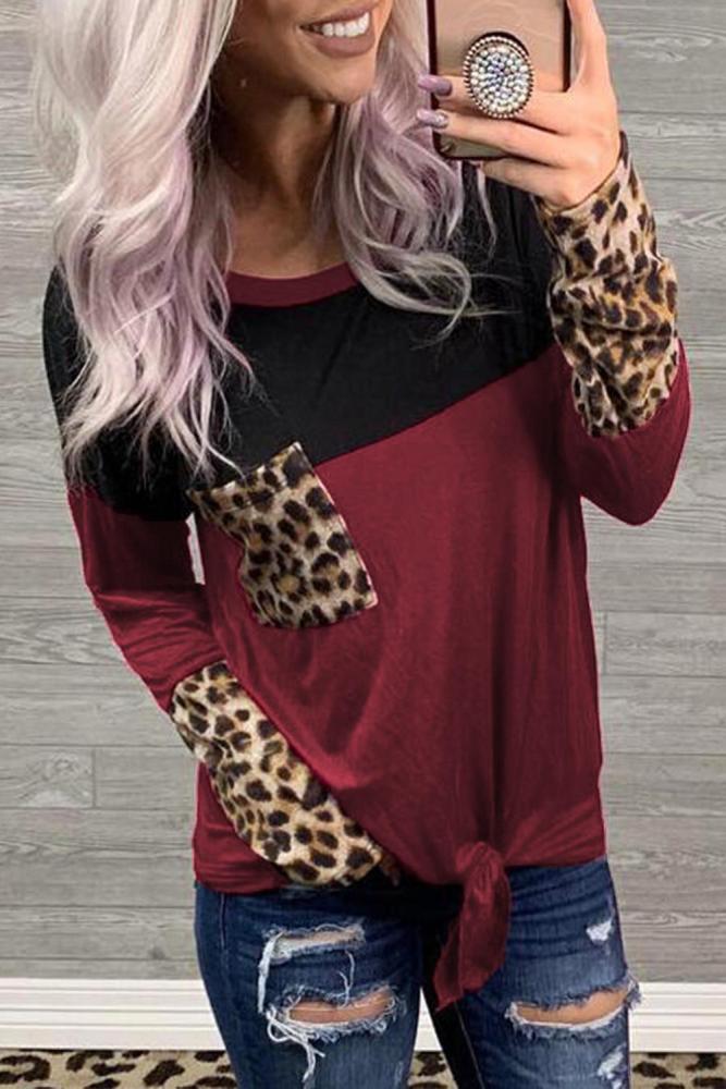 Red Color Block Splicing Leopard Printed Pocket Tie Blouse
