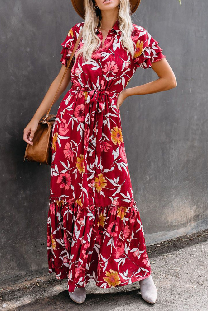 Burgundy Floral Button Maxi Dress