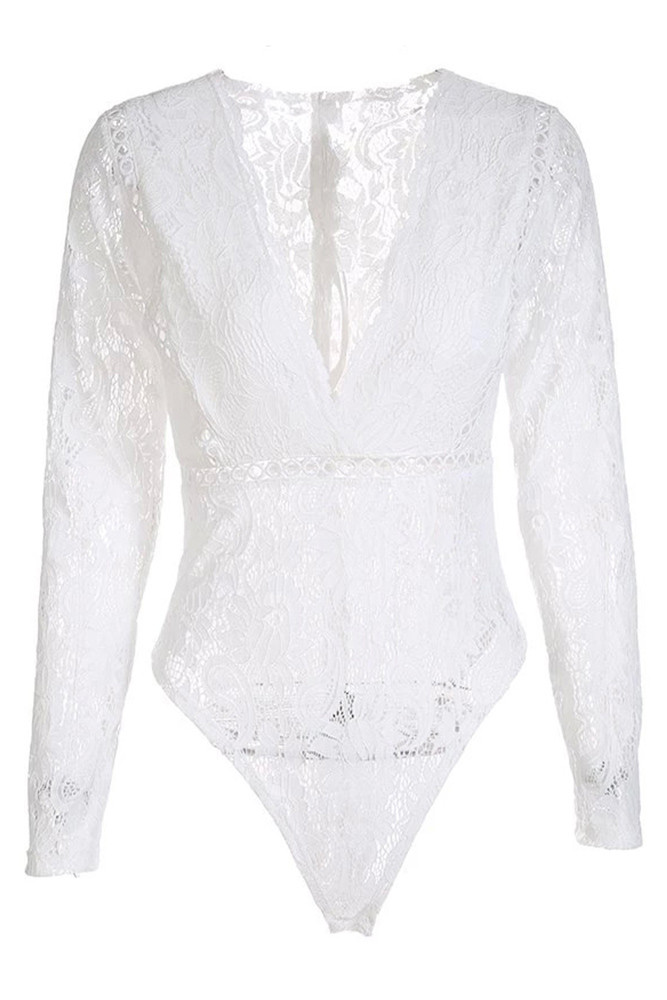 White Deep V-Neck See Through Skinny Lace Bodysuit