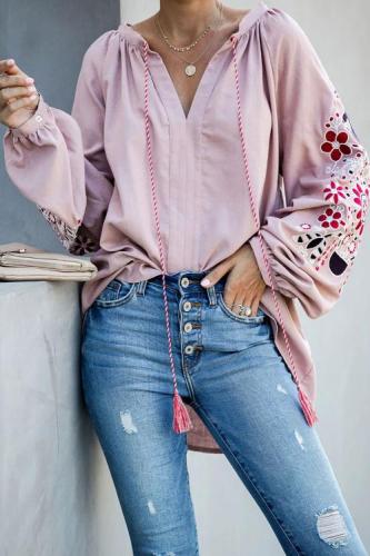 Pink Relaxing Fit Embroidered Peasant Top