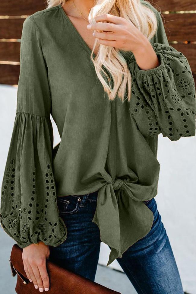 Green Rhapsody Cotton Balloon Sleeve Tie Top