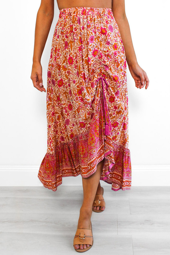 Red Floral Motif Talking Pretty Maxi Skirt