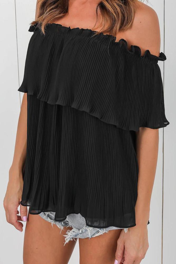 Black Off-Shoulder Pleated Ruffle Blouse