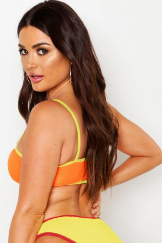 Orange Yellow Mix & Match Crinkle Bandeau Bikini Swimsuit