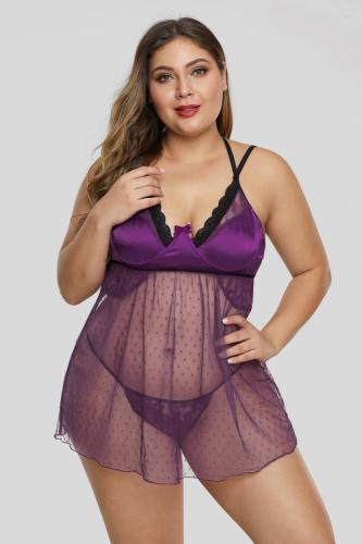 Purple Satin Dotted Mesh Plus Size Lingerie