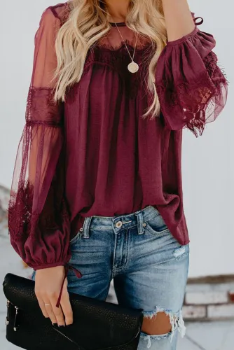 Red Fashion Lantern-Sleeve Lace Patchwork Top