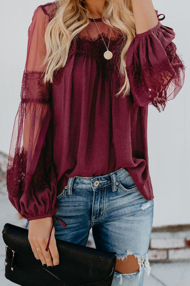 Red Fashion Lantern-Sleeve Lace Patchwork Top