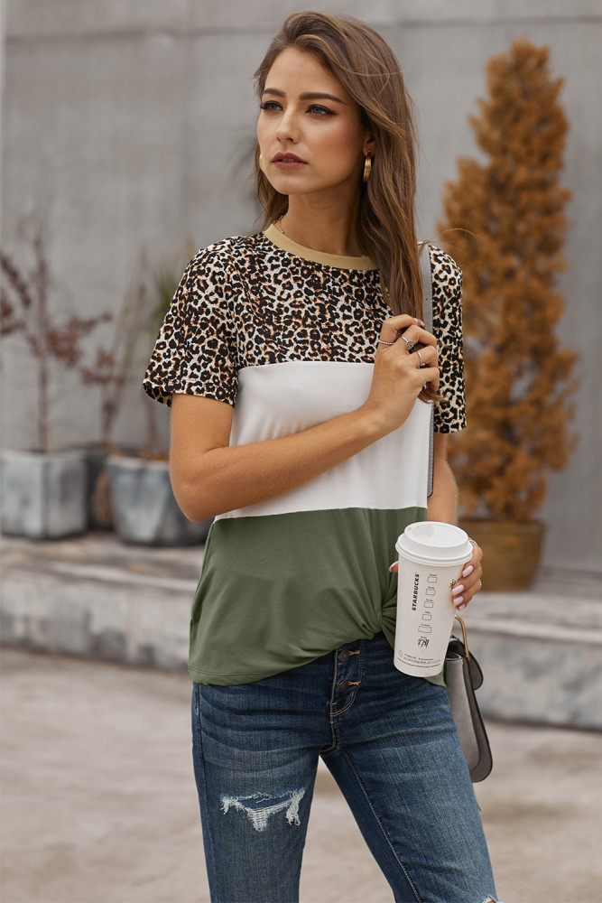 Green Color Block Leopard Tee