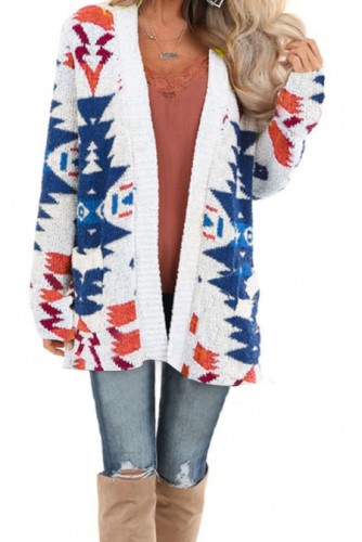 White Moraga Pocketed Aztec Cardigan