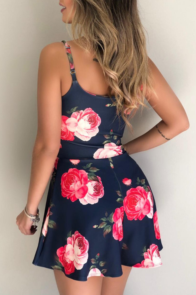 Navy Floral Print Spaghetti Straps Playsuit