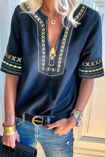 Blue Boho Embroidered V Neck Casual Top