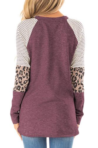 Striped and Leopard Color Block Sleeves Top