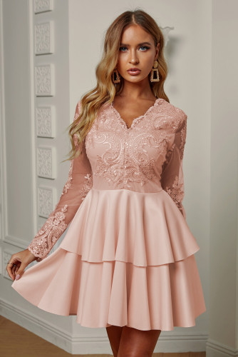 Apricot Sequin Embroidered Multilayer Skater Dress