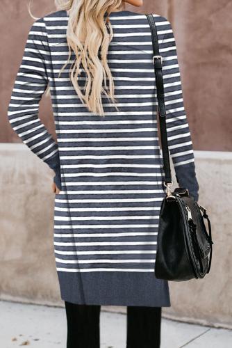 Gray Striped Button Down Open Front Cardigan