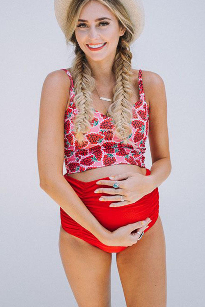 Strappy Hollow-out Back Crop Top High Waist Maternity Swimsuit
