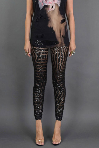 Black Casual High Waist Sequin Pants