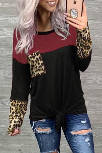 Black Color Block Splicing Leopard Printed Pocket Tie Blouse