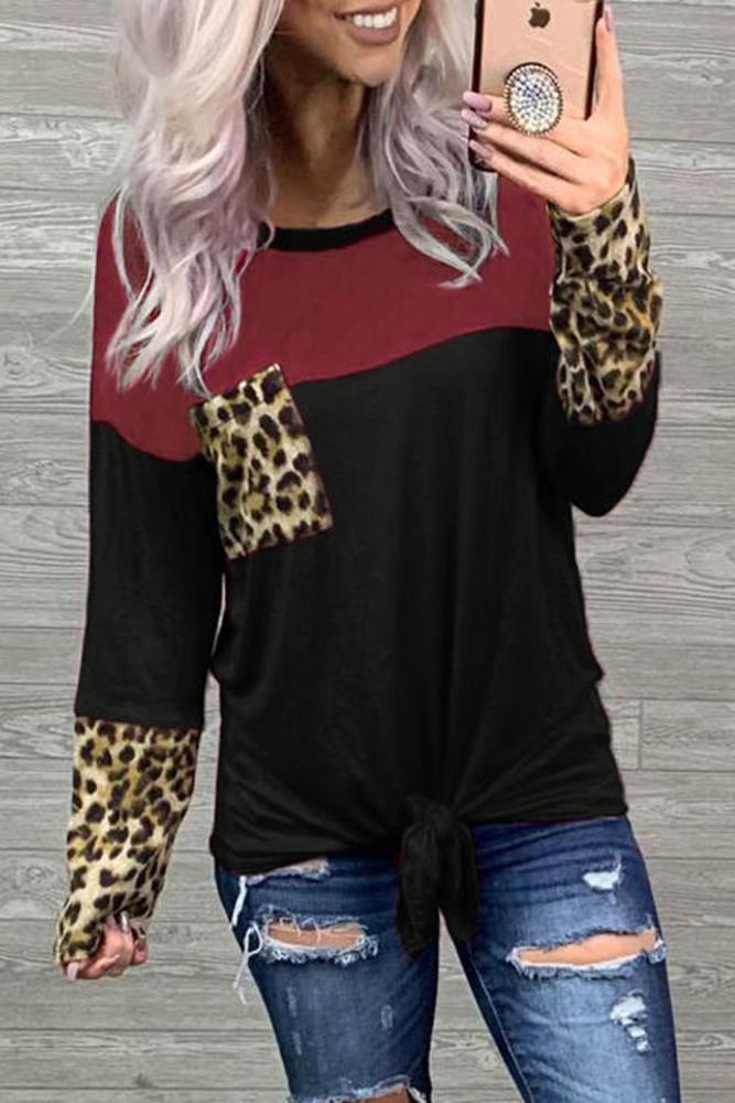 Black Color Block Splicing Leopard Printed Pocket Tie Blouse