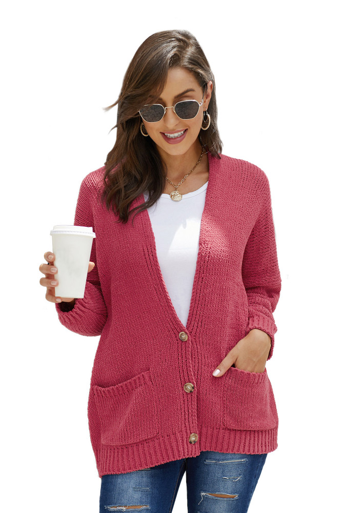 Red Oversize Button Front Cardigan
