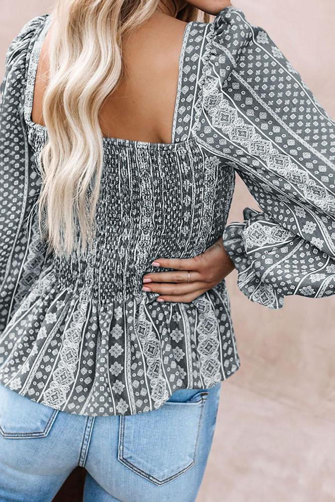 Gray Bohemian Print Shirred Bodice Tunic Top
