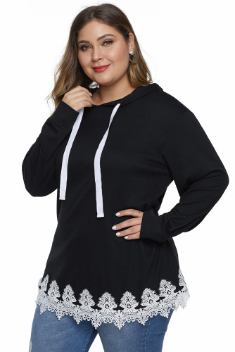 Black Plus Size Supersoft Hoodie Sweatshirt With Lace Trim