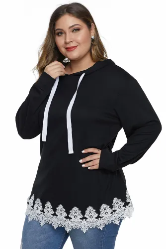 Black Plus Size Supersoft Hoodie Sweatshirt With Lace Trim