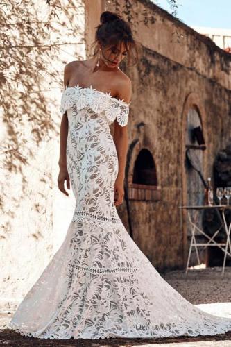 White Off Shoulder Ruffled Overlay Bridal Wedding Gown