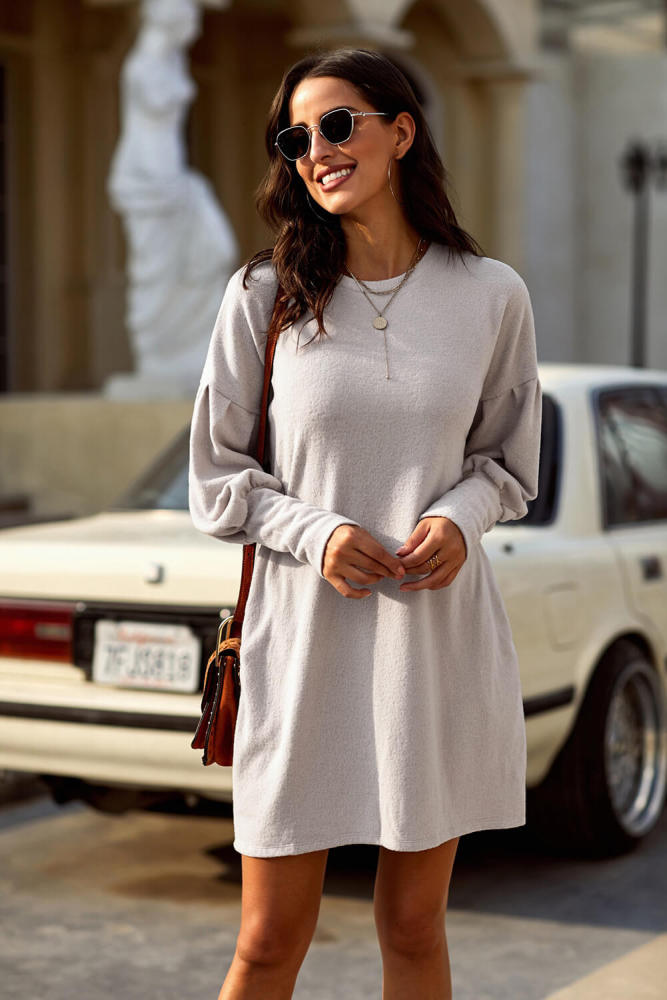 Khaki Autumn Winter Long Lantern Sleeve Knitted Sweatshirt Dress