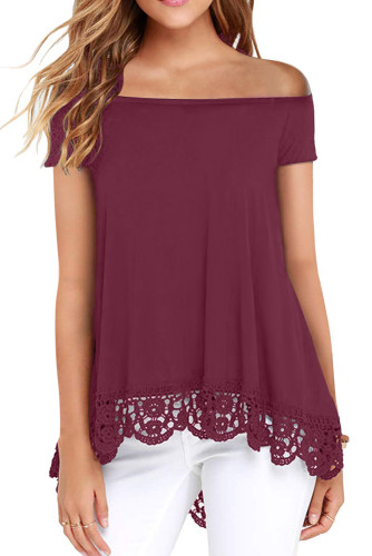 Red Off Shoulder A-Line Lace Trim Blouse