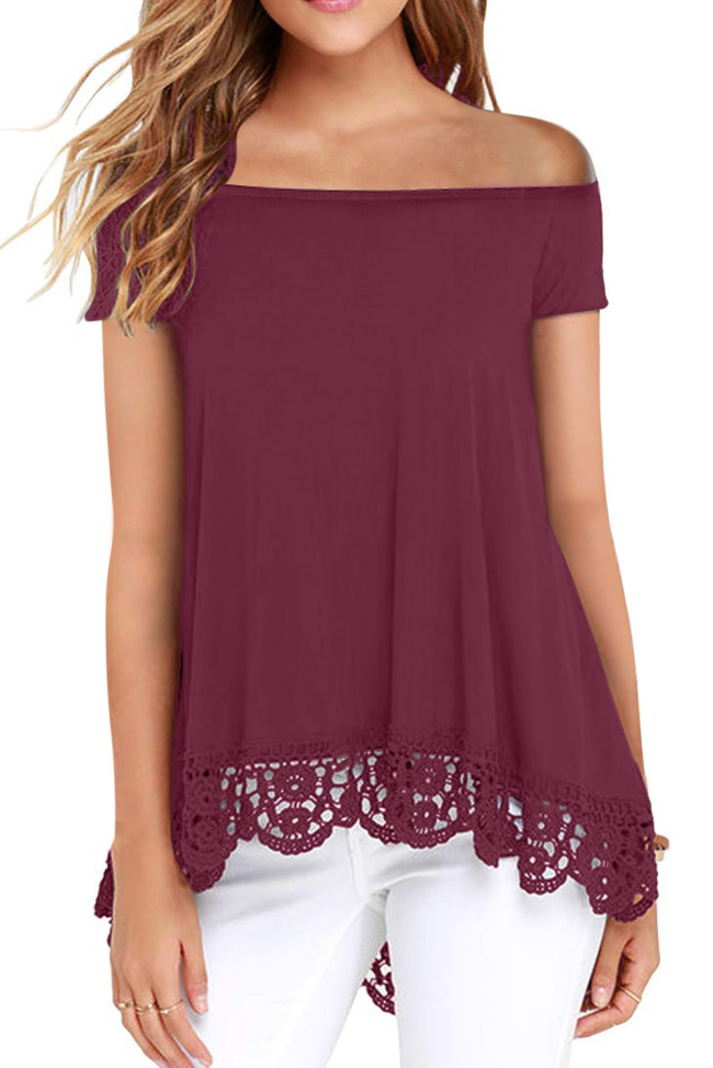 Red Off Shoulder A-Line Lace Trim Blouse
