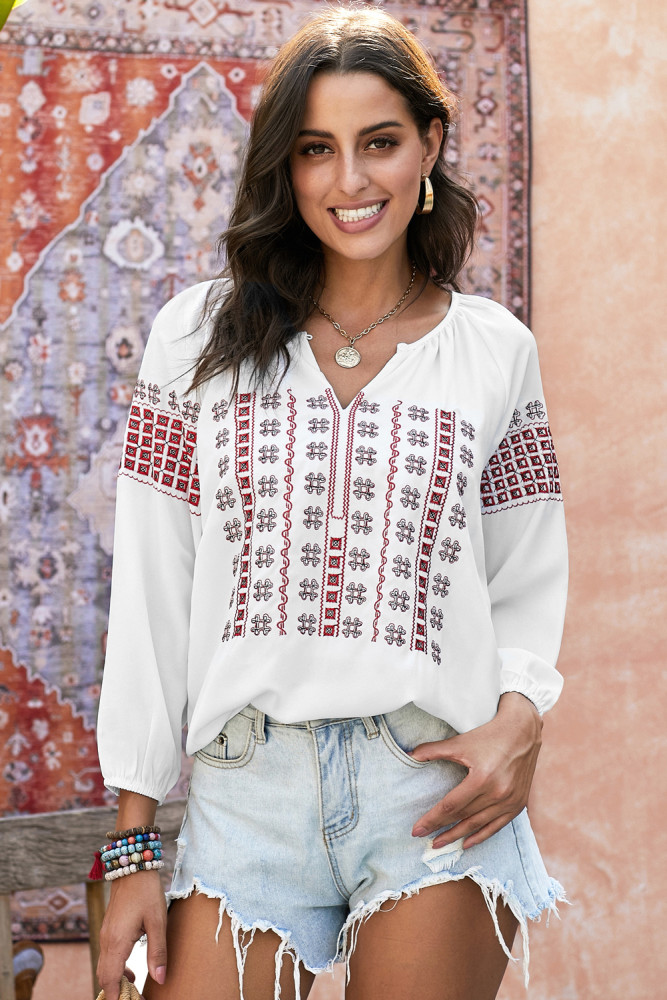 Red Ethnic Embroidery V Cut Neck 3/4 Sleeve Top