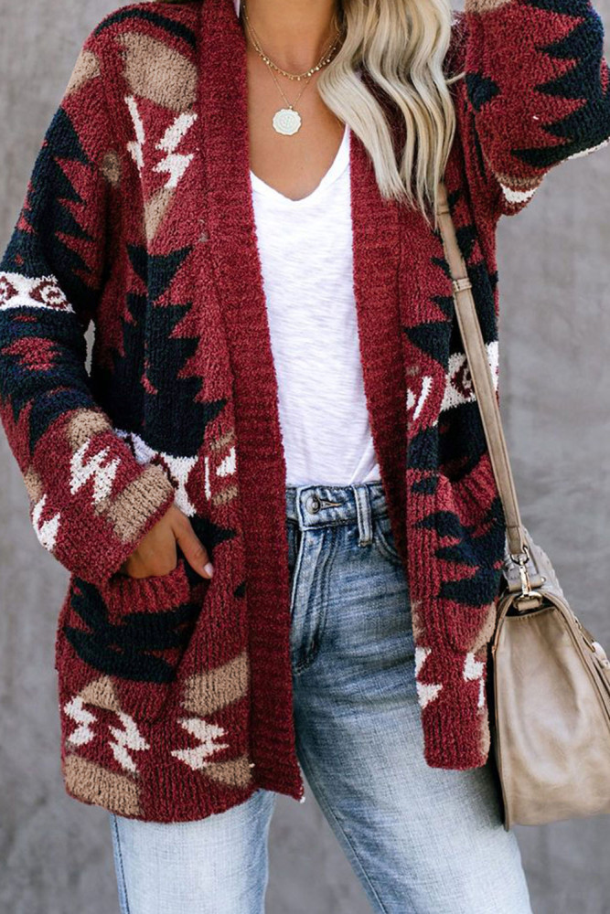 Red Moraga Pocketed Aztec Cardigan