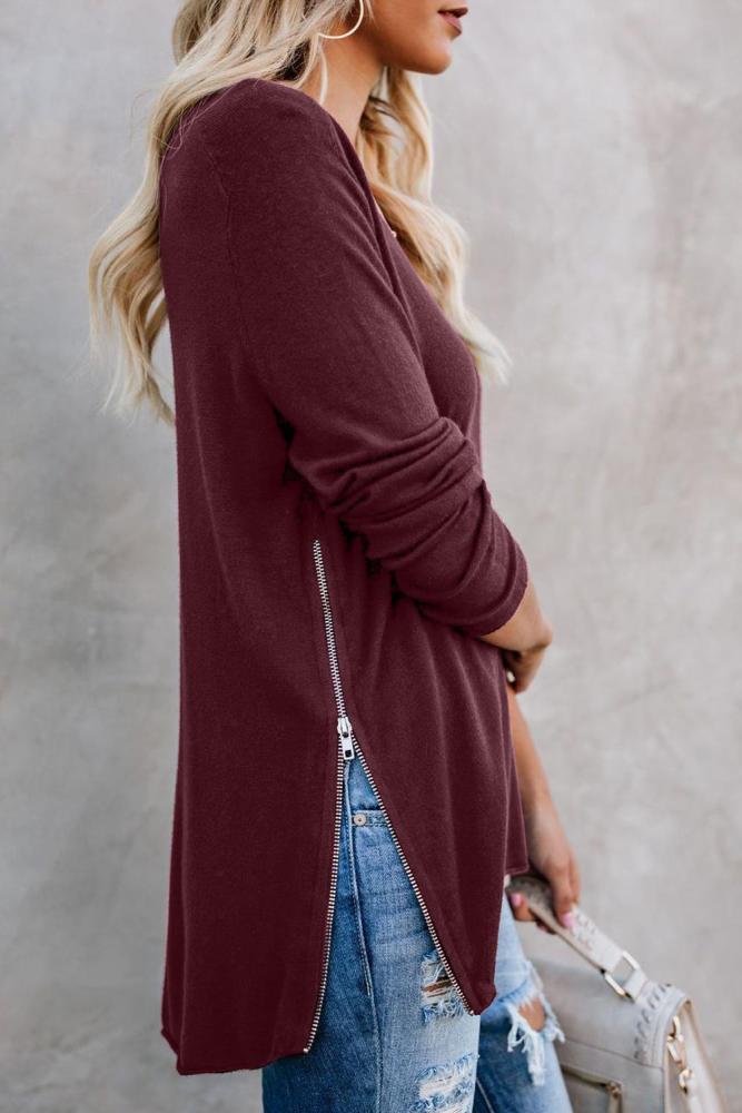 Red Zip Side V Neck Long Sleeve Pullover Top