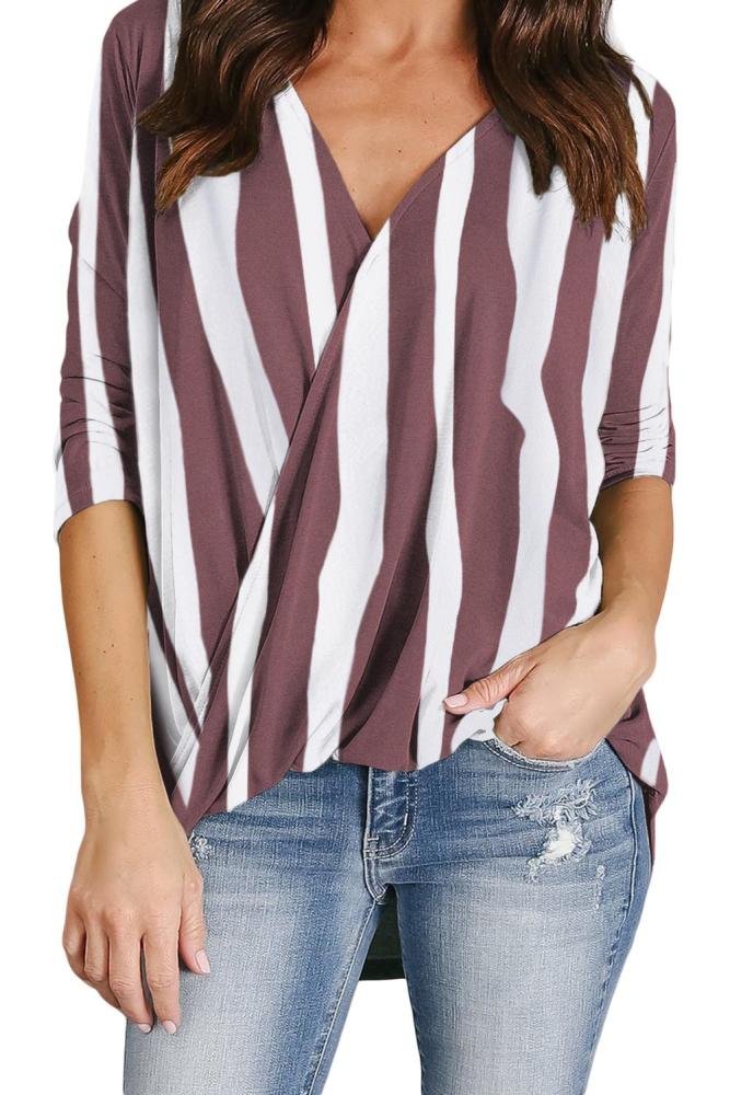 Red V-Neck Wrap Front Irregular Twist Hem Blouse