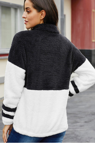 Black Colorblock Furry Zipped Pullover Sweatshirt Outwear