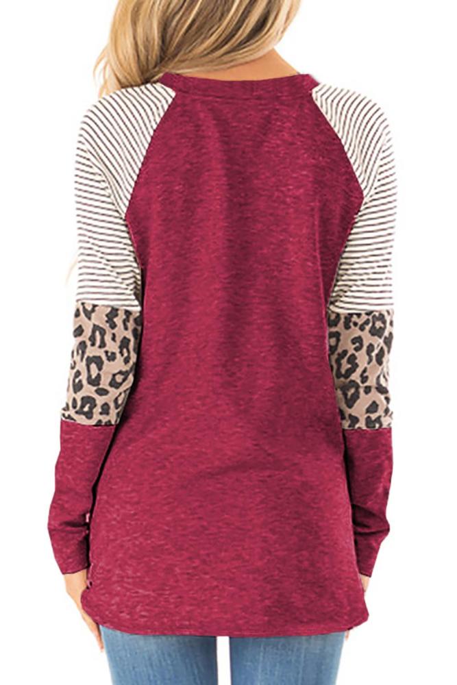 Red Striped and Leopard Color Block Sleeves Top