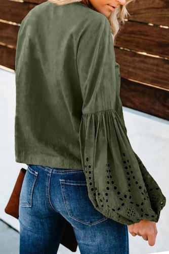 Green Rhapsody Cotton Balloon Sleeve Tie Top