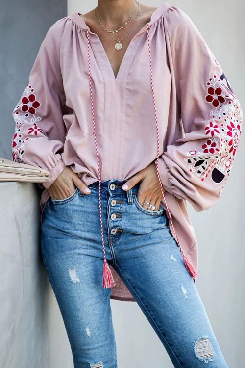 Pink Relaxing Fit Embroidered Peasant Top