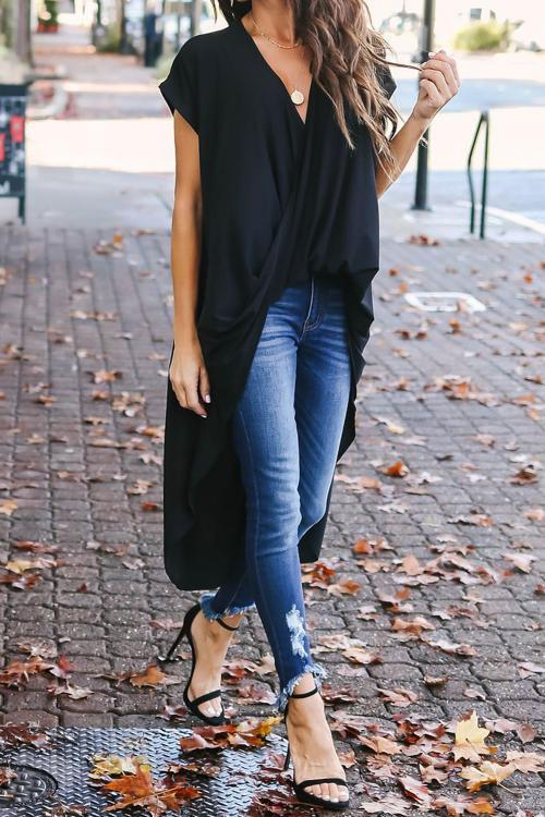 Black Stylish Drape High Low Top