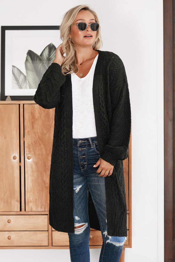 Black Long Front Open Cardigan