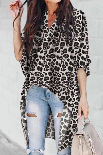 Gray V-Collar Irregular Leopard Print Blouse